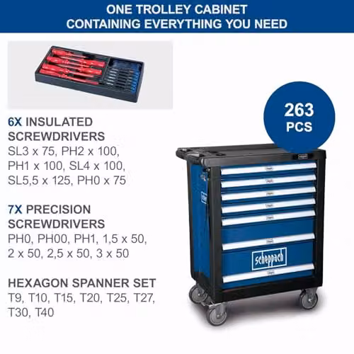Scheppach TW1000 Workshop Trolley, 7-Drawer Heavy-Duty Steel Tool Chest with 263-Piece Tool Kit, Lockable and Rollable, Blue or Black – 4