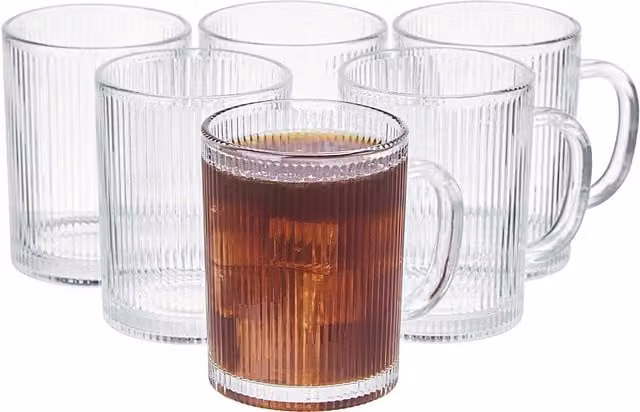 Eden & Willow Set of 6 Tall Ribbed Glass Coffee Mugs, 350ml, Clear