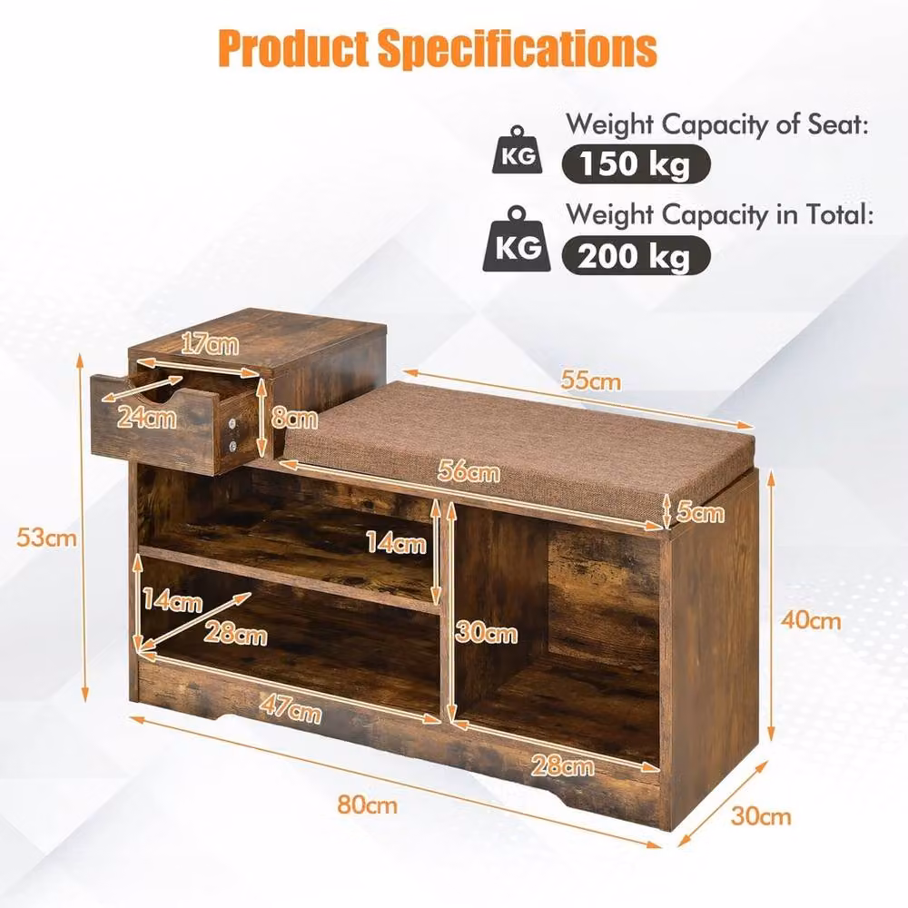 VOGREX Brown Industrial Entryway Shoe Storage Bench with Removable Fabric Cushion – 2