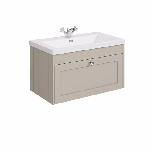 Balterley Wall Hung Single Drawer Vanity Unit with Rectangular Basin and Tap Hole in Pebble Grey, W/D/H: 80.0 x 45.3 x 43.1 cm