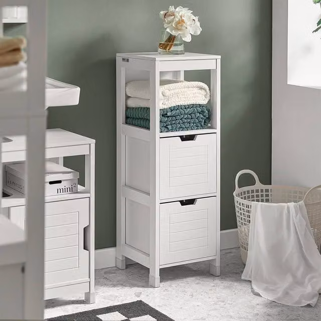 SoBuy Narrow White Bathroom Cabinet with 2 Drawers and Open Shelf, Height: 90 cm