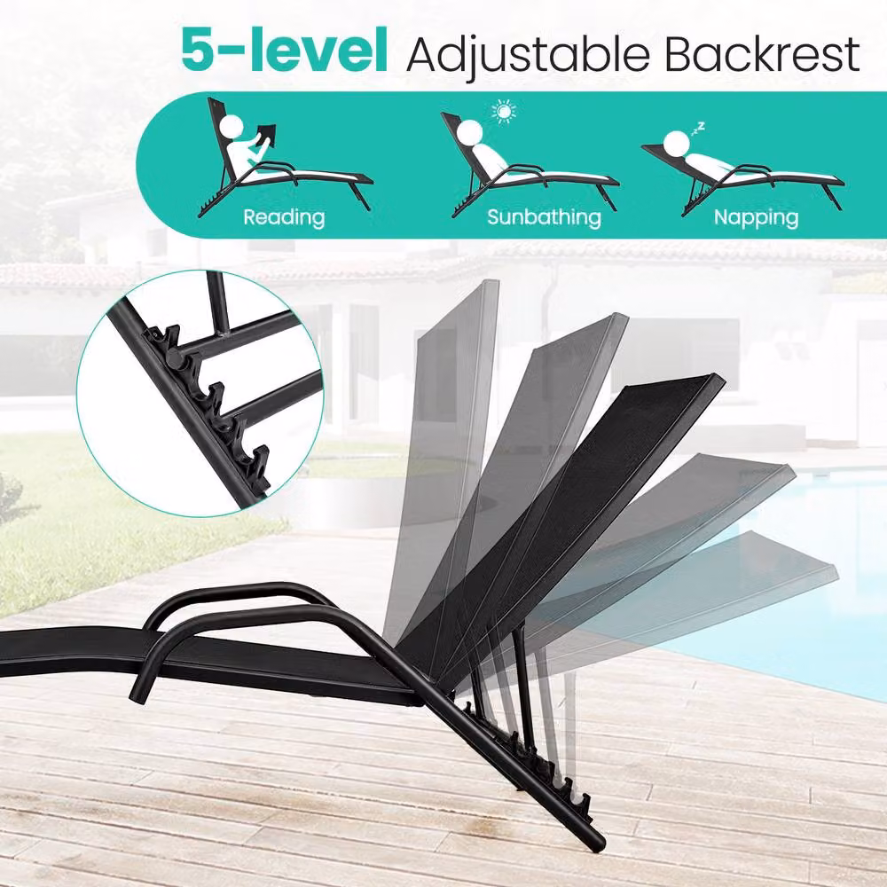 Costway Set of 2 Outdoor Chaise Lounge Chairs with 5-Position Adjustable Recliners in Black – 4