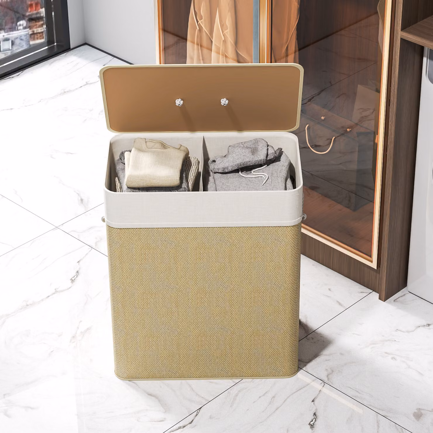 HOMCOM Double Laundry Basket with Lid, 100L Bamboo Hamper with Rope Handles and Removable Liner in Cream White and Beige – 4