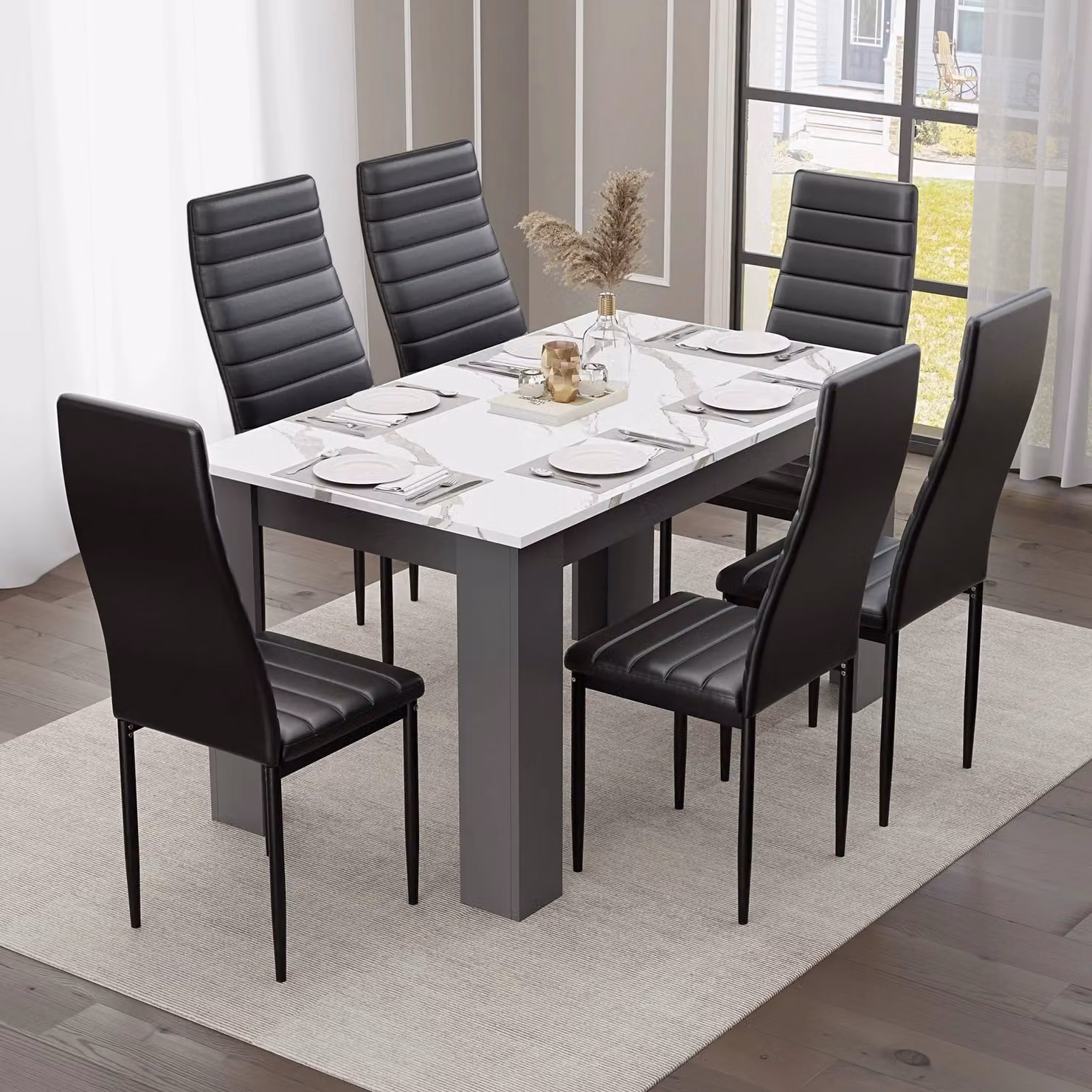 DHS Modern 6 Seater Dining Table and Chairs Set with White Marble Effect Rectangular Table and Black Upholstered Chairs