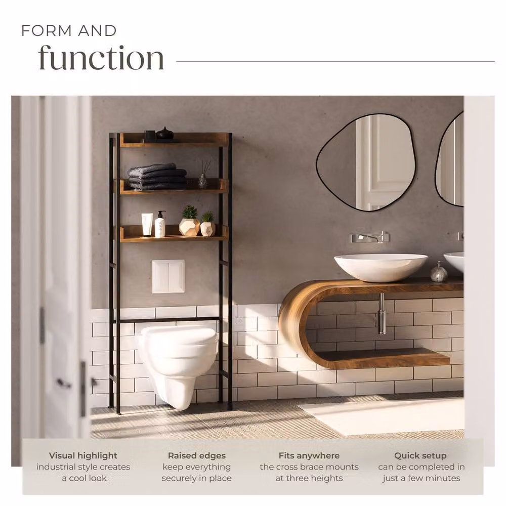 tectake Seattle 3-Tier Industrial Bathroom Shelf in Brown with Adjustable Metal Shelves – 3