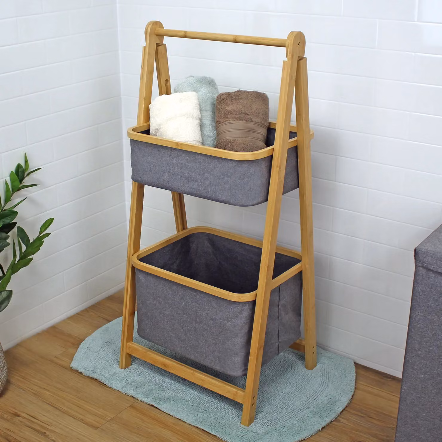 Showerdrape Cotswold Grey 2 Tier Bamboo Bathroom Storage Basket Ladder, H 99 cm x W 44 cm – 2