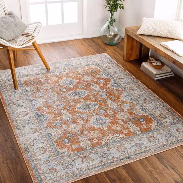 Livabliss Lilian Washable Vintage Boho Living and Dining Rug in Burnt Orange and Blue, W/D/H: 66 x 120 cm