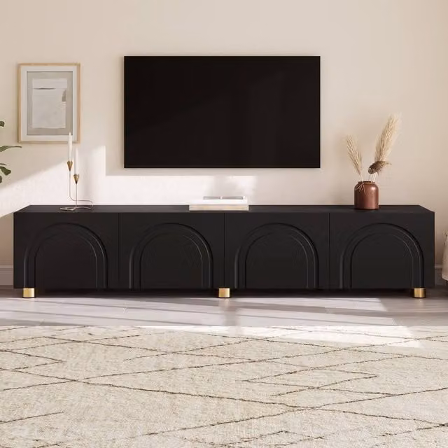 Merax Black Arched Relief 4 Door TV Unit Lowboard with Metal Legs W: 180 cm, D: 35 cm, H: 40 cm