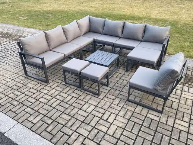 Fimous 11 Seater L-Shape Outdoor Garden Furniture Set in Dark Grey with Powder Coated Aluminium Frame, Square Coffee Table and 3 Matching Ottomans