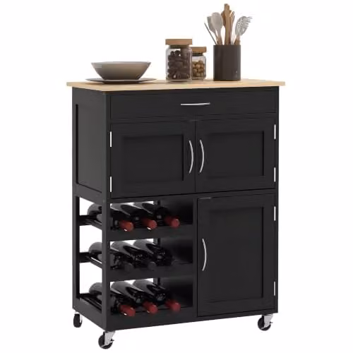 HOMCOM Modern Kitchen Trolley Rolling Island Storage Cart with Drawer, Black, W/D/H: 67.0 x 37.0 x 87.0 cm