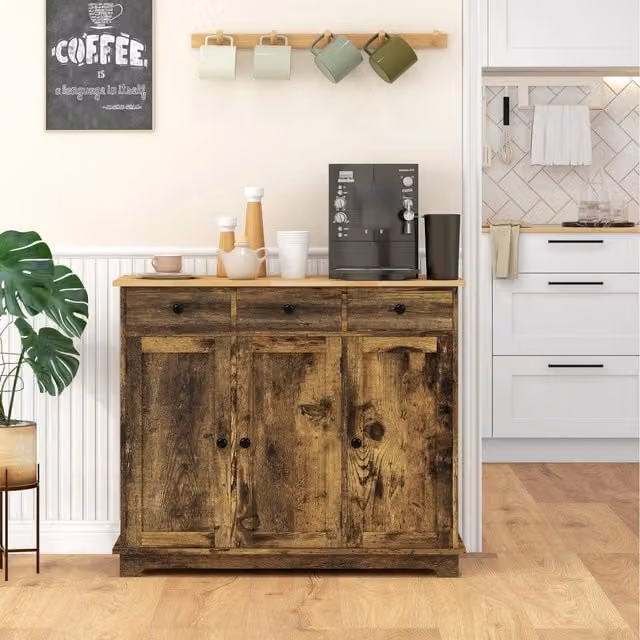 HOMCOM Rustic Brown Rubberwood Top Sideboard and Buffet Cabinet