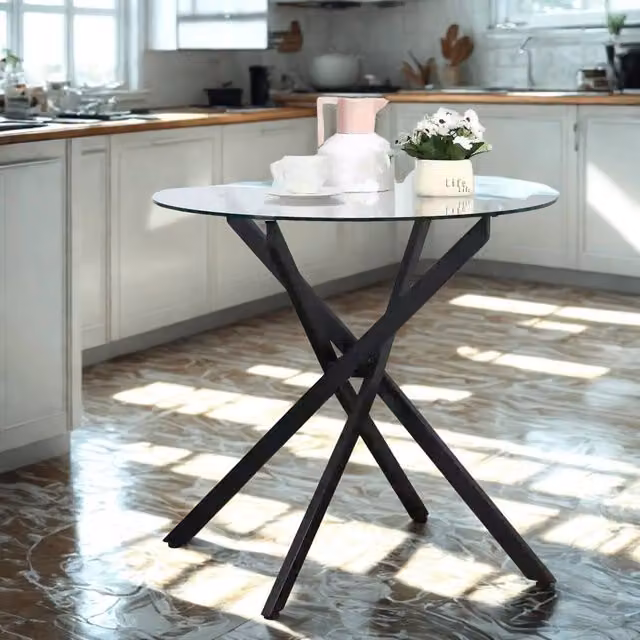 FURNOS Industrial Round Tempered Glass Coffee Table with Black Metal Frame, Diameter: 80 cm, Height: 40 cm – 1