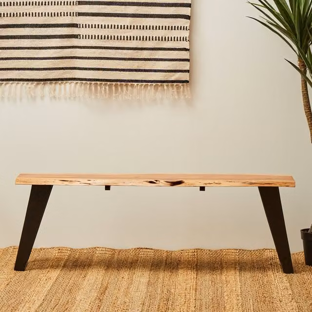 Orsina Rustic Acacia Wood and Metal Outdoor Seating Bench in Brown and Black, W/D/H: 135.0 x 40.0 x 40.0 cm