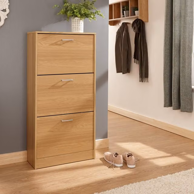 GFW Stirling Three Tier Brown Wood Shoe Cabinet with Tilting Compartments