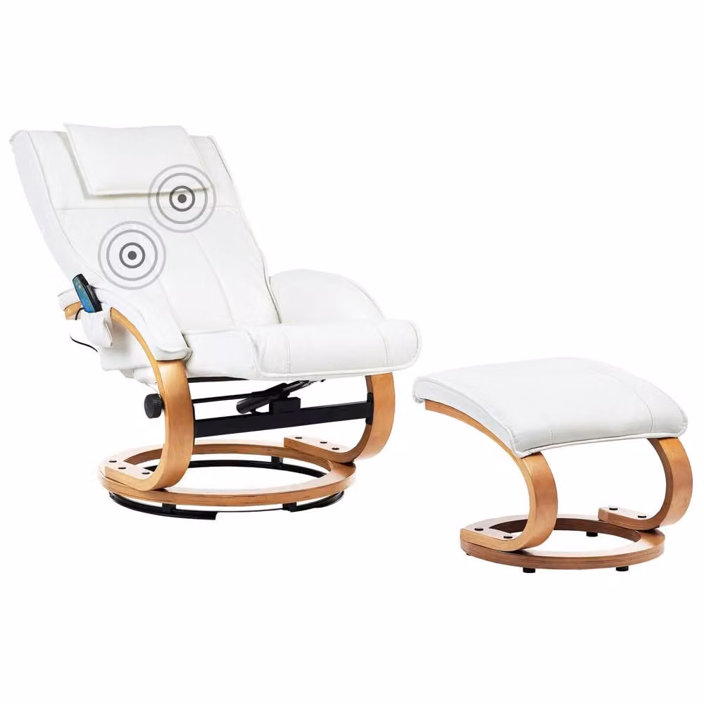 Wyld and Coco Retro Recliner Armchair in White Faux Leather with Ottoman – 2