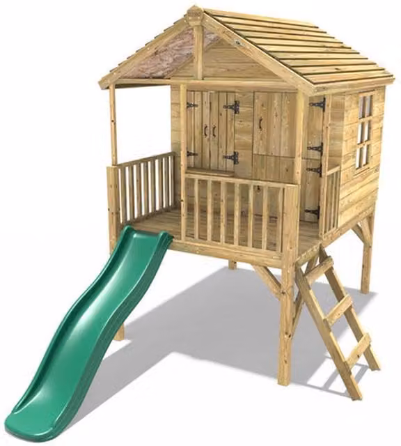 Rebo Wooden Garden Playhouse with Slide in Green and Brown, W/D/H: 152.4 x 152.4 x 152.4 cm