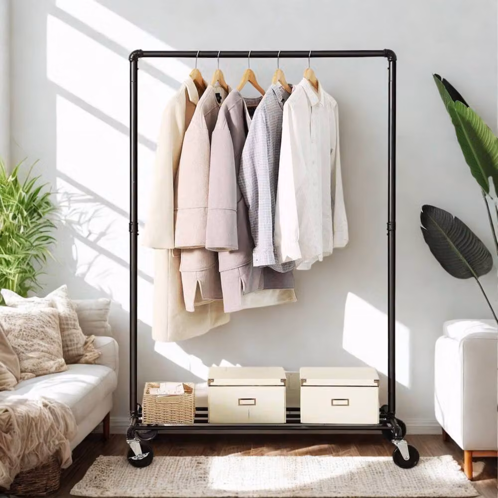 Pirlo Plush Metal Clothes Rail with Storage Shelf and Wheels in Black – 3
