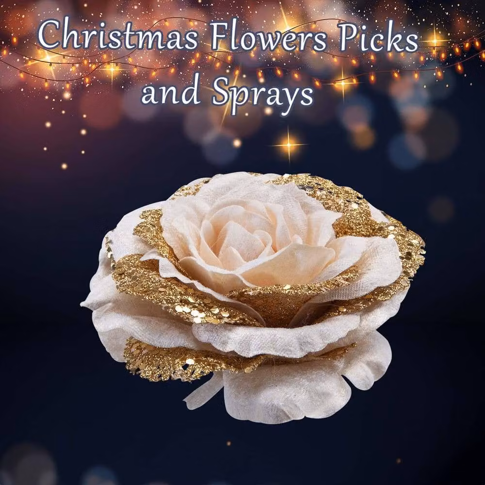 VFM e-Store Rose Head with Clip Decoration, Gold and Multicolour Floral Christmas Ornament, H 15 cm x W 8 cm – 3