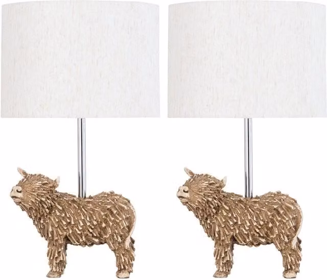 First Choice Lighting Angus Highland Cow Table Lamps Set of 2 in Brown and Beige with Fabric Shades – 1