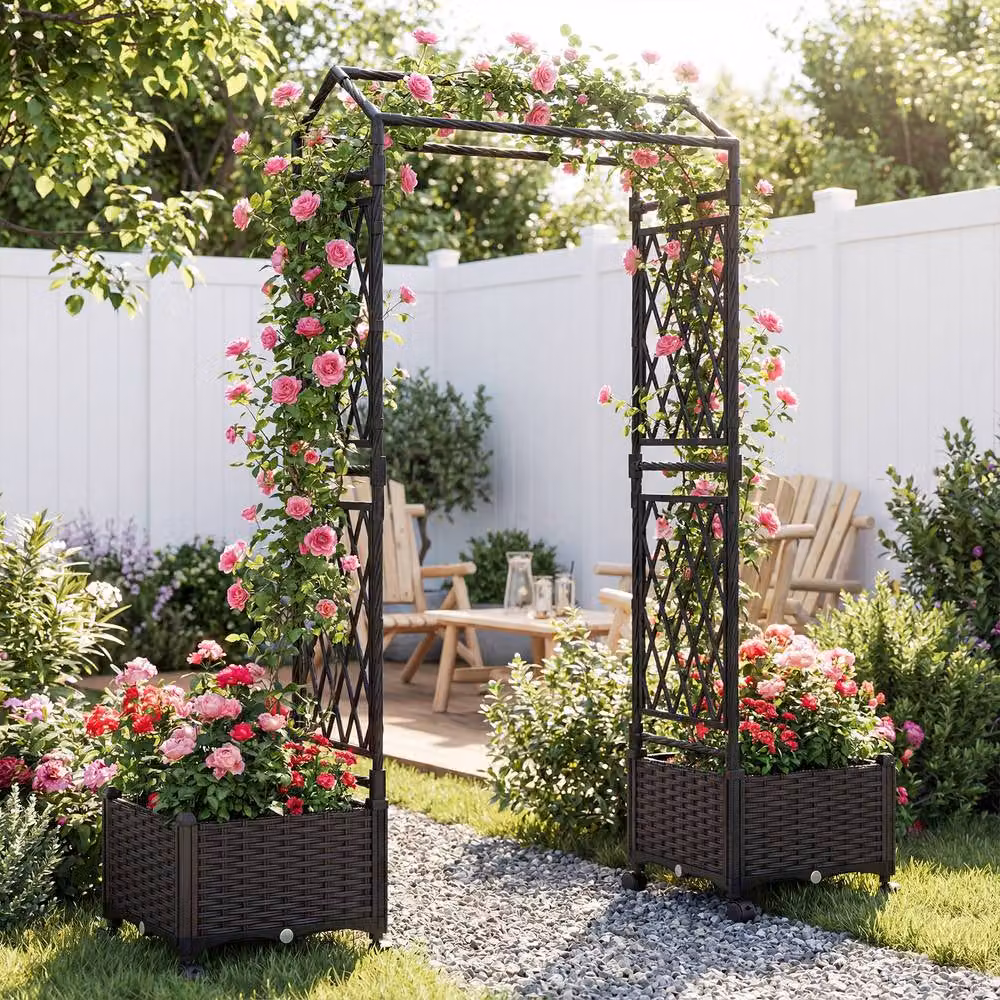 Costway Brown Self-Watering Raised Planter Boxes with Lattice Trellis and Roof for Vegetable and Herb Gardens, W: 147 cm, D: 40 cm, H: 20 cm – 3