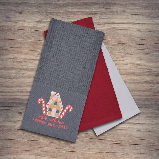 Noel Square Gingerbread House Super Absorbent Cotton Tea Towels, 3 Pack, Grey and Multicolour