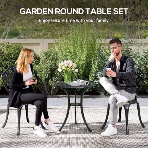 Outsunny 3 Piece Cast Aluminium Garden Bistro Set with Parasol Hole in Black – 4