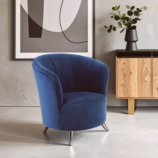 Fifty Five South Blue Velvet Swivel Tub Chair with Silver Metal Frame – 1