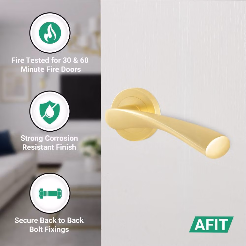 AFIT Novi Satin Brass Fire Door Handles with Round Rose Latch and Hinges, Gold, 1 Pair – 3