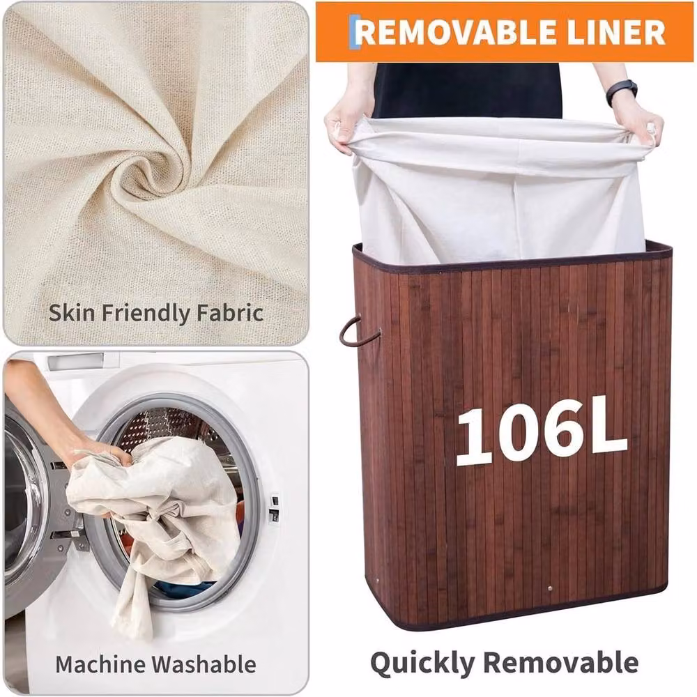KORVIXA Brown Rectangle Bamboo Laundry Basket with Lid and Removable Bag, W/D/H: 100 x 100 x 63 cm – 4