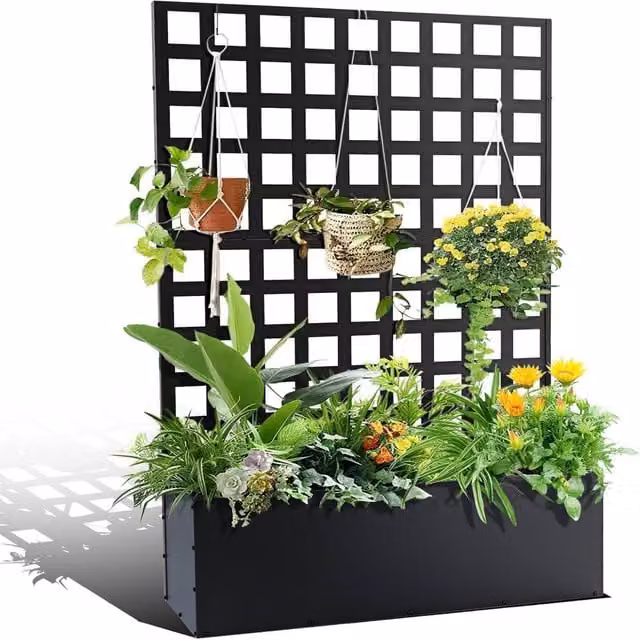 London Boutique Black Metal Raised Garden Bed with Trellis and Drainage Holes