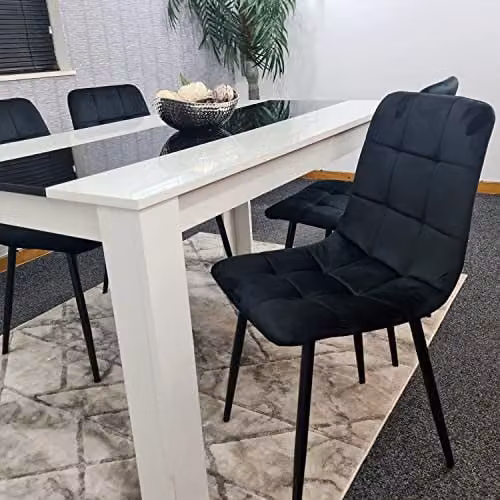 Kosy Koala Modern Dining Table Set with 4 Black Velvet Chairs and White Glass Top, W/D/H: 140 x 80 x 75 cm – 4