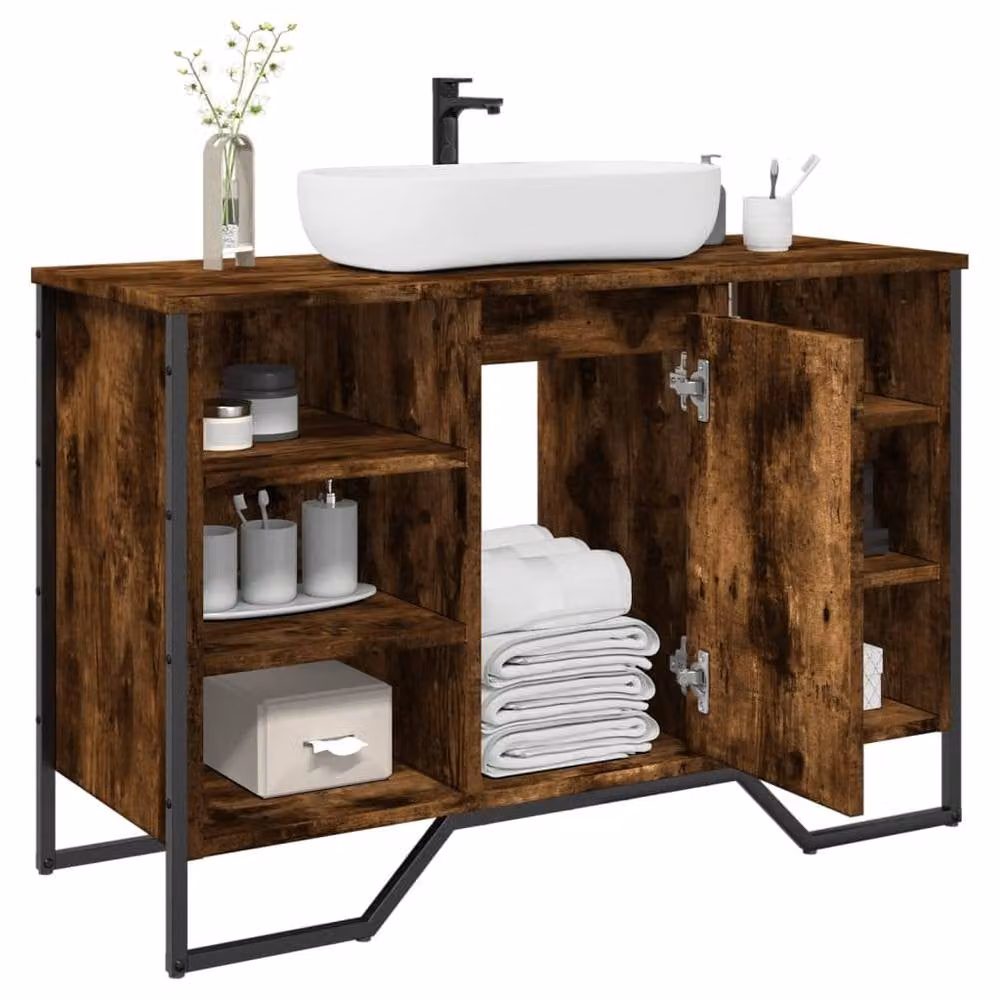 Berkfield Home Wall Mounted Bathroom Sink Cabinet in Smoked Oak, W/D/H: 91 x 35 x 60 cm – 2