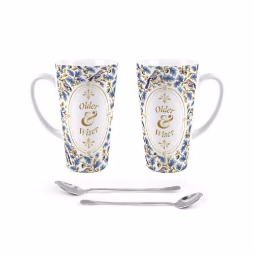 Purely Home Older & Wiser Ornate Tall Latte Mugs and Spoons Gift Set in Blue and Gold with Floral Design – 4