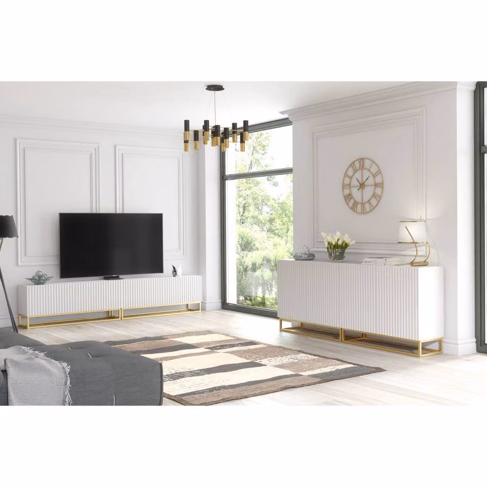 Mex Furniture LTD Ripple Duo TV Unit in White with Gold Fluted Doors, W: 200 cm, H: 45 cm, D: 35 cm – 3