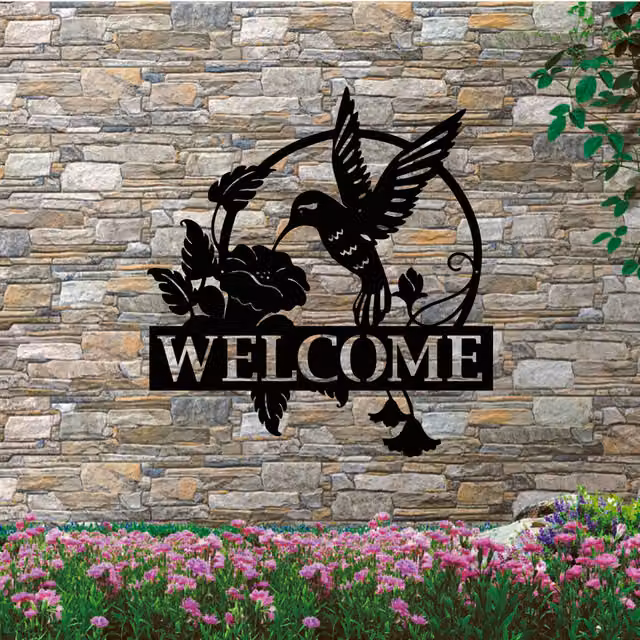 Laser Hut Hummingbird Welcome Sign Wall Plaque, Black Metal, 50 cm