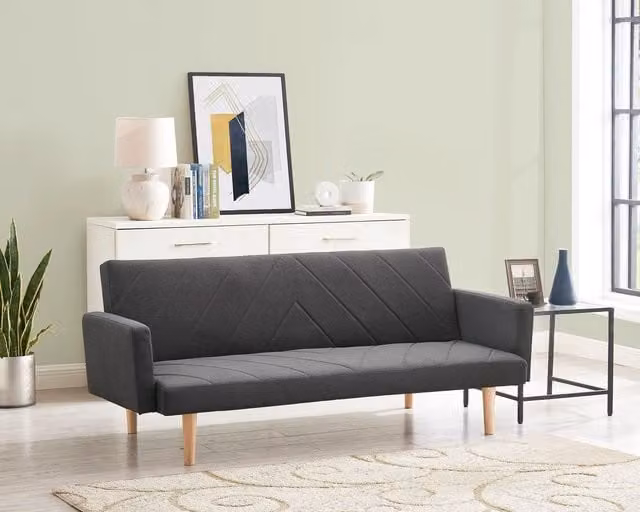Home Detail Ryan Fabric Sofa Bed in Dark Grey with V-Shaped Detail, Square Armrests and Wooden Legs – 1