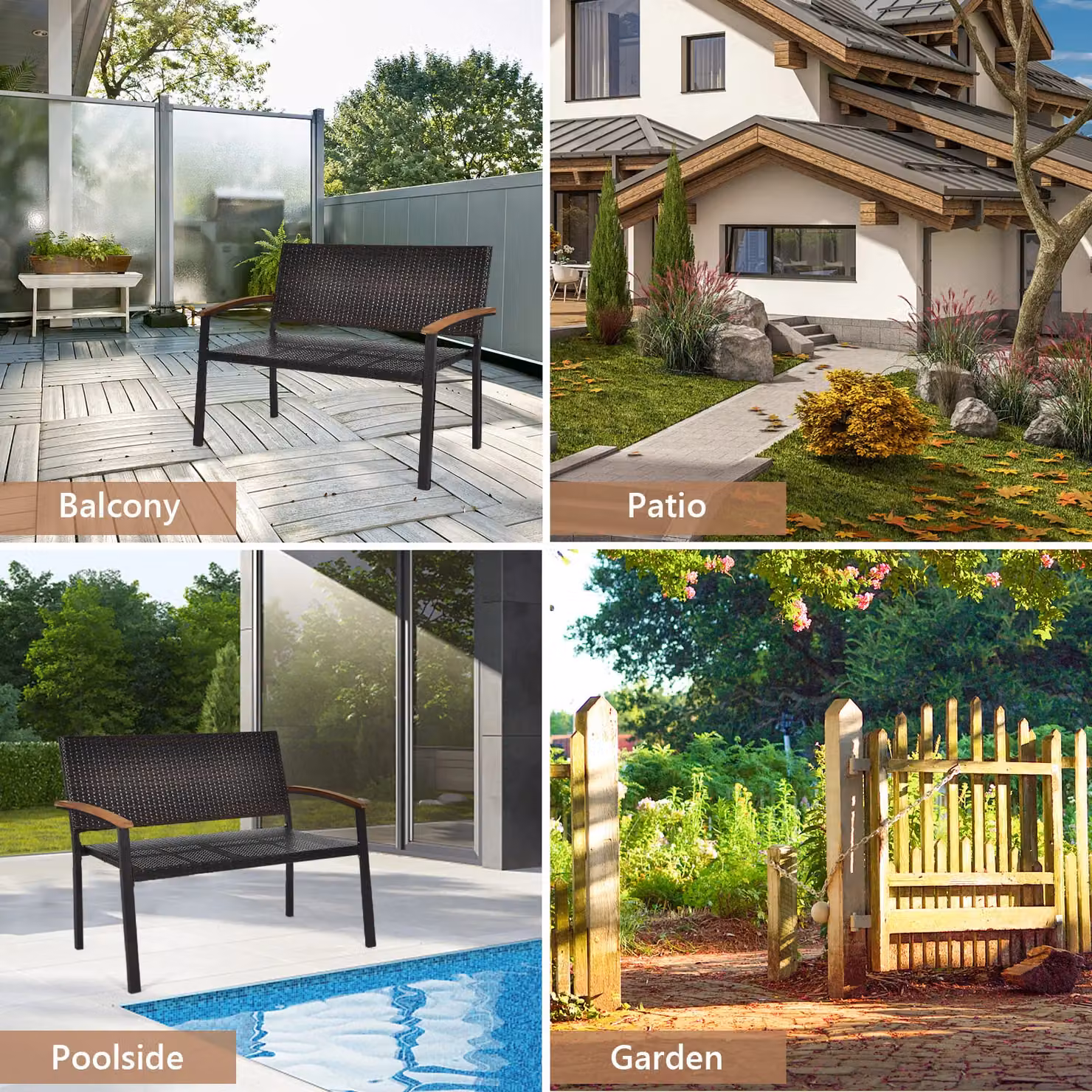 Costway Dark Brown All-Weather PE Wicker Stackable Outdoor Garden Loveseat Bench – 8