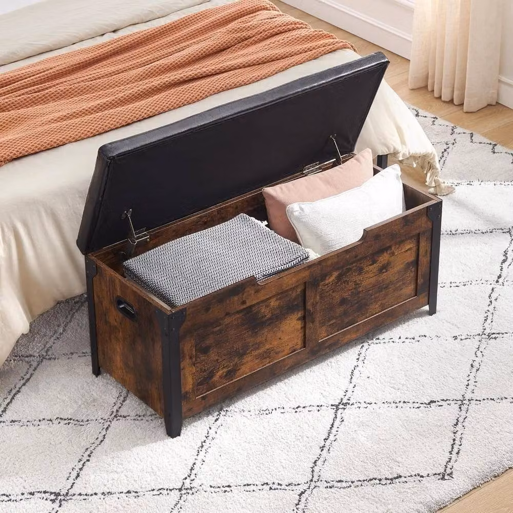 VOGREX Brown Wooden Shoe Storage Bench with Synthetic Leather Cushion Seat for Hallways – 4