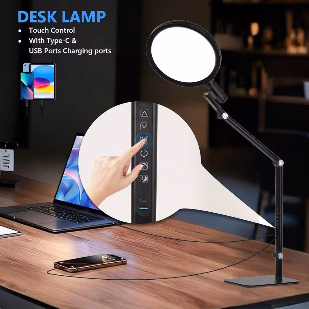Goeco Black LED Table Lamp with Touch Dimming and USB-C Charging – 2