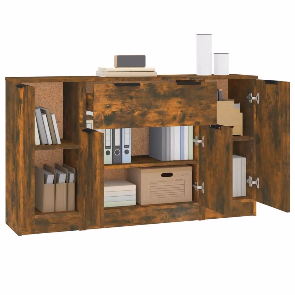 Berkfield Home 3-Piece Smoked Oak Sideboard Set in Brown Engineered Wood – 3