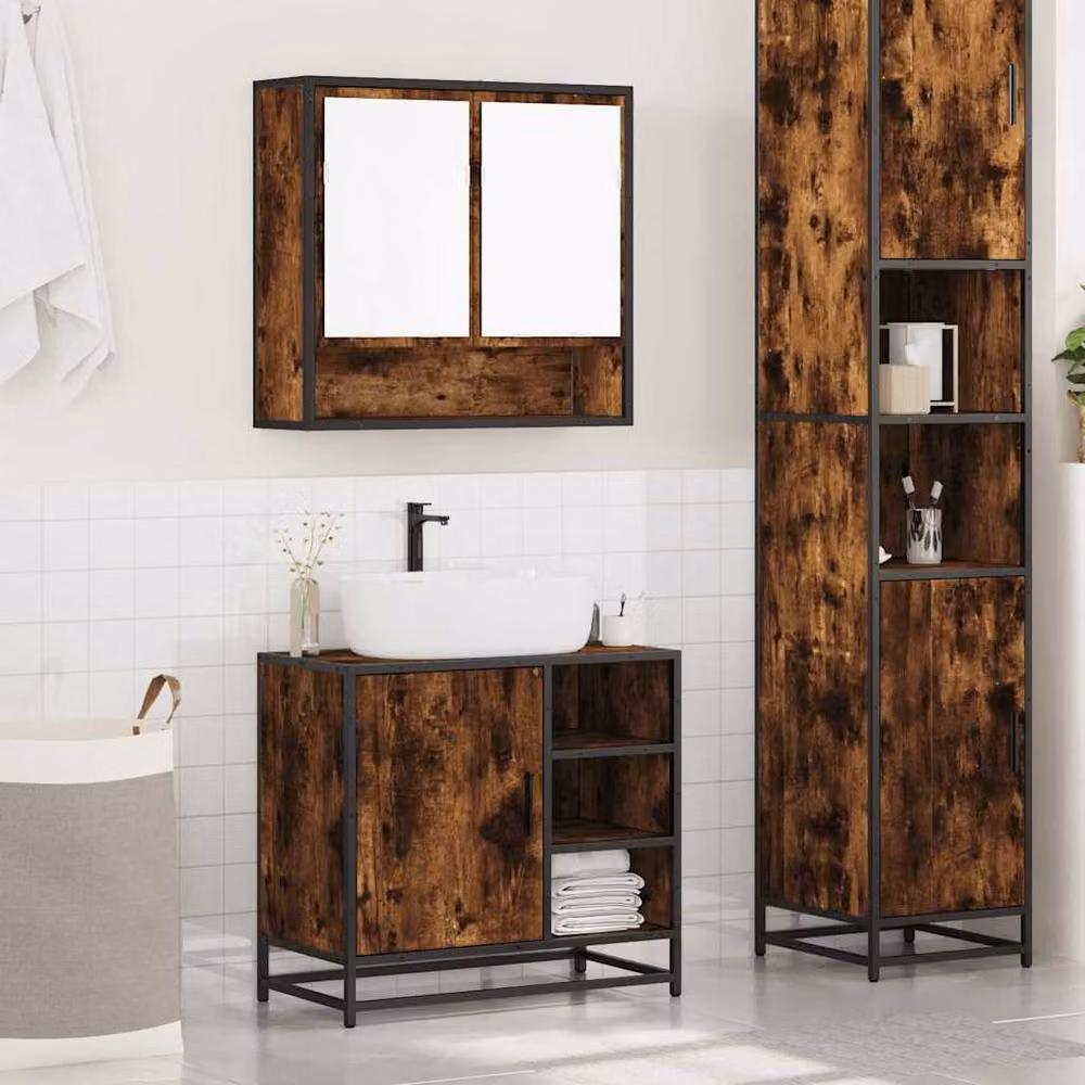 Berkfield Home 2 Piece Industrial Bathroom Furniture Set in Smoked Oak Brown featuring Vanity Unit and Mirror Cabinet – 3