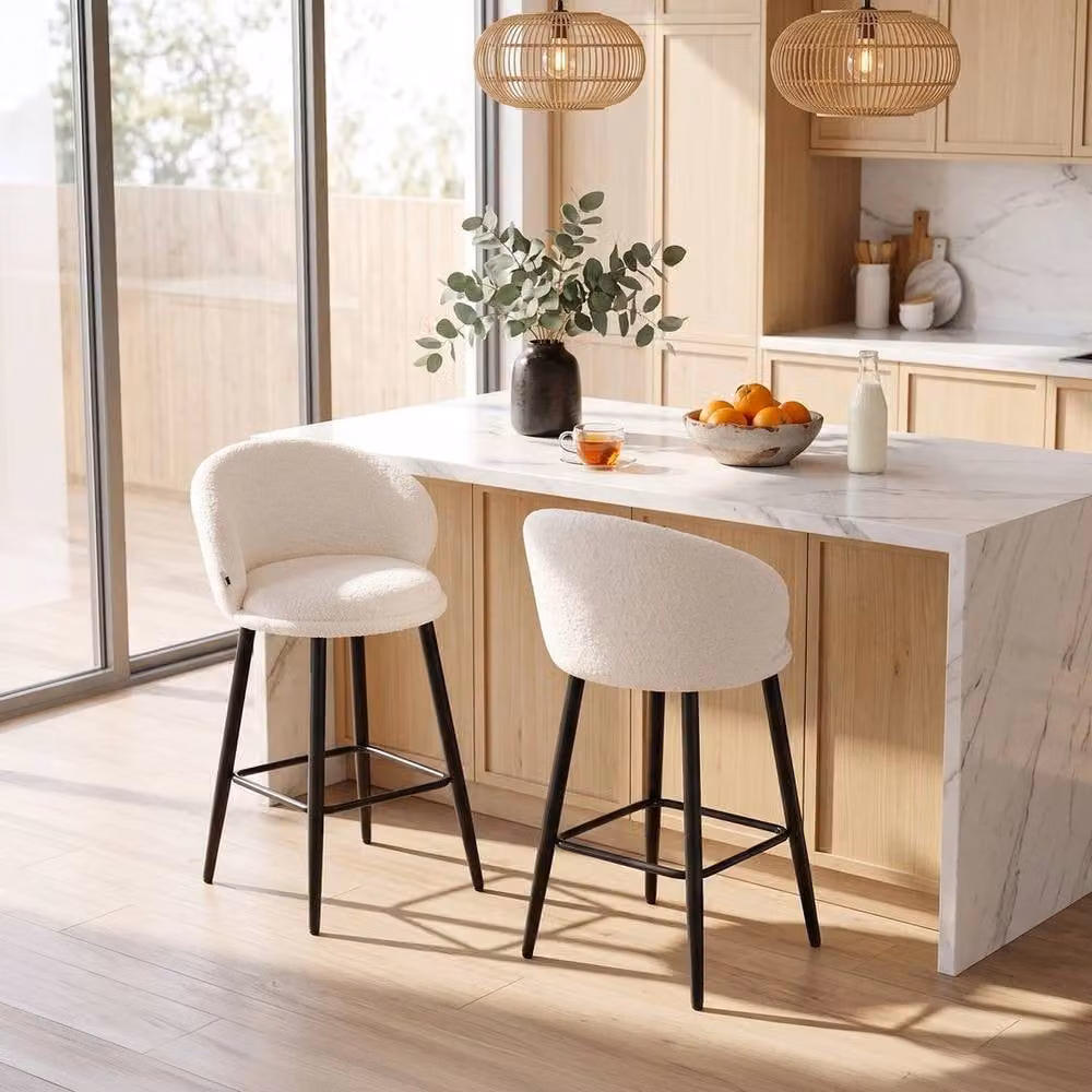 KORVIXA Set of 2 Modern Faux Lambskin Upholstered Bar Stools in White with Metal Frame – 2