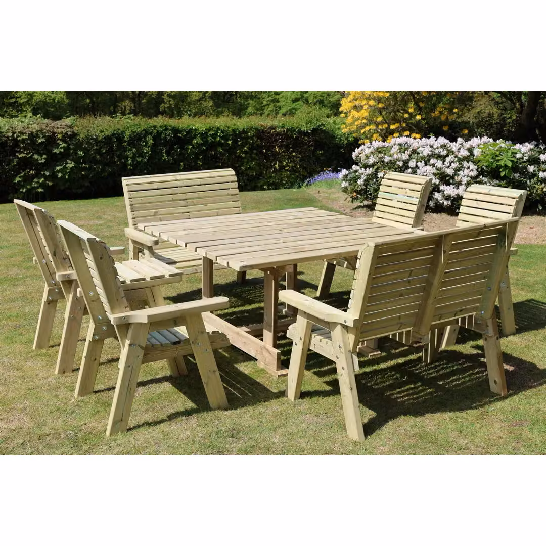 Churnet Valley Garden Furniture Ltd Ergo Square Table with 2 Benches and 4 Chairs in Brown Redwood – 2