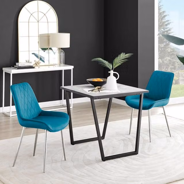 FurnitureboxUK Carson White Marble Effect Square Dining Table and 2 Pesaro Silver Chairs in Blue