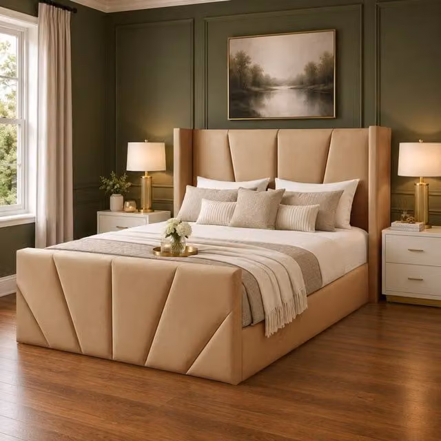 Desire Deco Carson Wingback Ottoman Storage Bed Frame in Beige, W/D/H: 140 x 200 cm