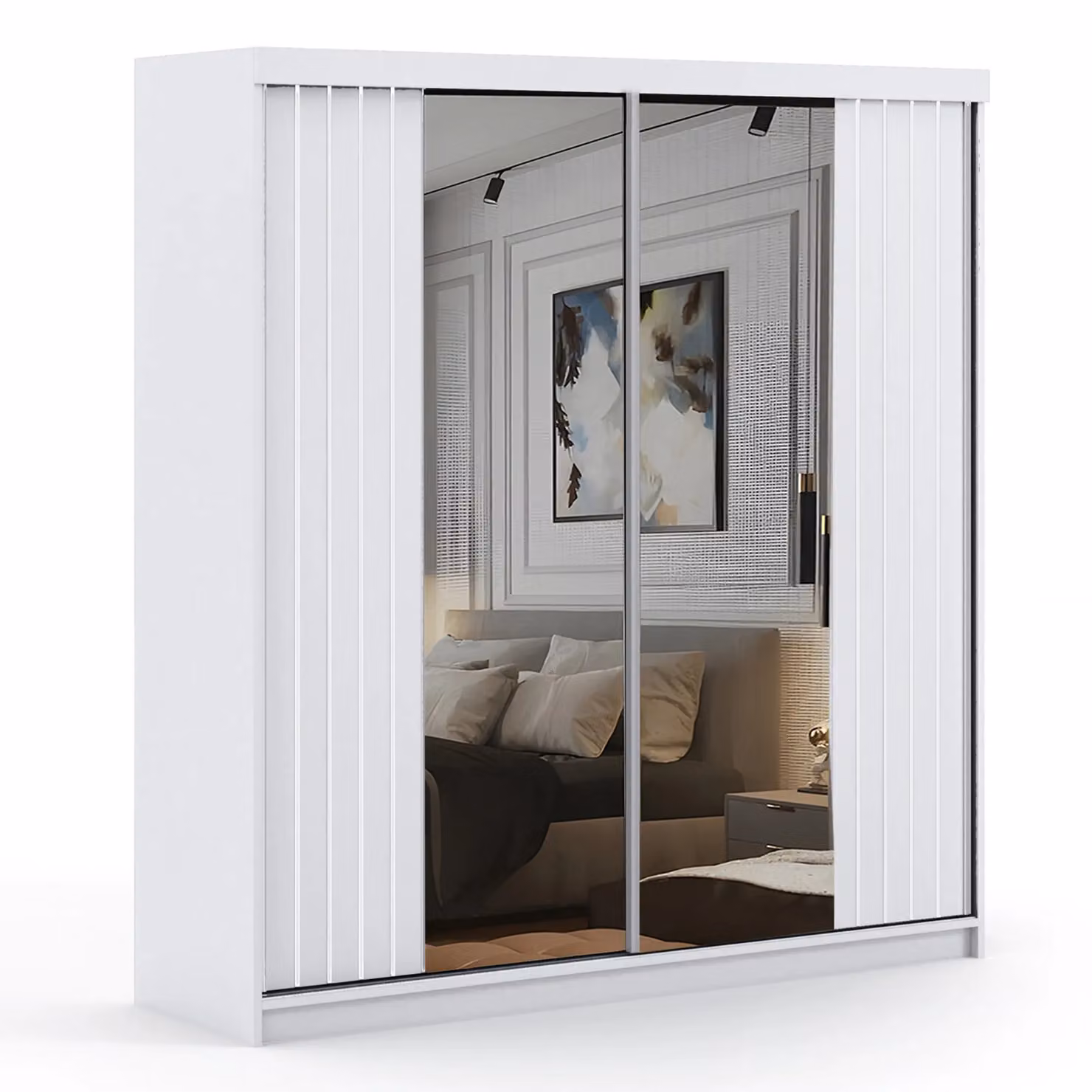 Sliding Wardrobes 4U Modern Double Sliding Wardrobe with LED Lighting and Mirror, White, W: 150 cm, D: 62 cm, H: 217 cm – 2