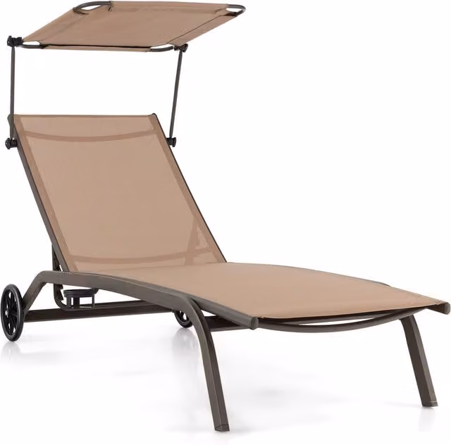 COSTWAY Brown Outdoor Patio Chaise Lounge Recliner with Sun Canopy, Cup Holders and Castors