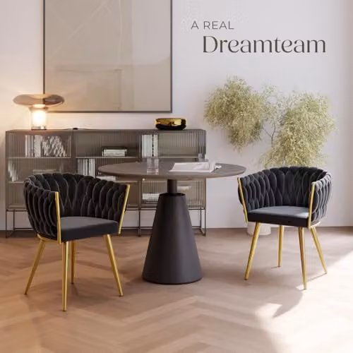 tectake Set of 2 Astano Dining Chairs with Velvet Fabric and Knot Design in Black and Gold – 2