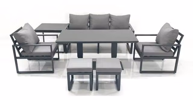 Fimous Outdoor Aluminium Garden Furniture Set in Dark Grey with Adjustable Rising Lifting Dining Table, 3 Seater Sofa, 2 Chairs, 2 Small Footstools and Side Table