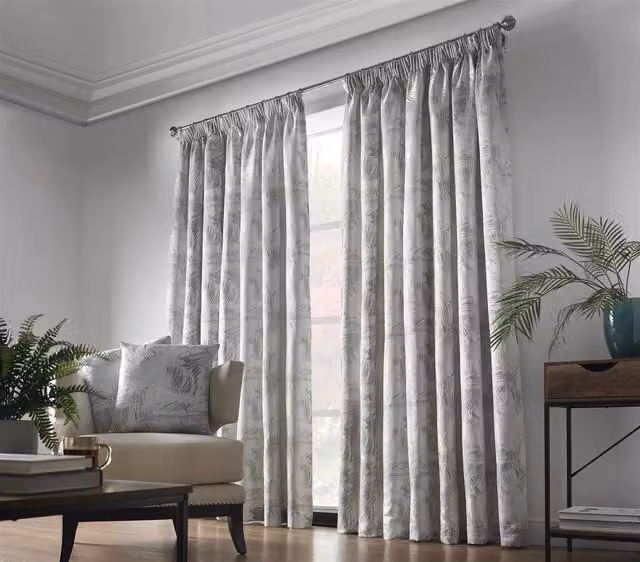 Luxury Living Fern Jacquard Pencil Pleat Taped Top Ready Made Curtains in Silver, Width: 117 cm, Drop: 137 cm